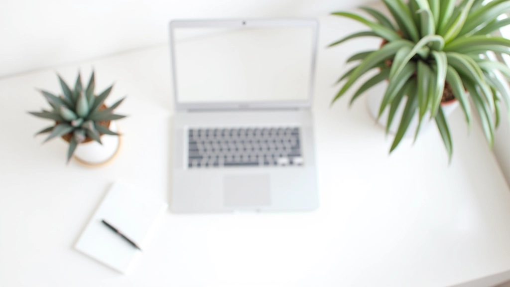 Espaço de trabalho minimalista com laptop, caneta e caderno em superfície branca limpa