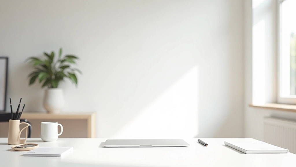 Workspace minimalista com elementos bem espaçados representando design thinking português